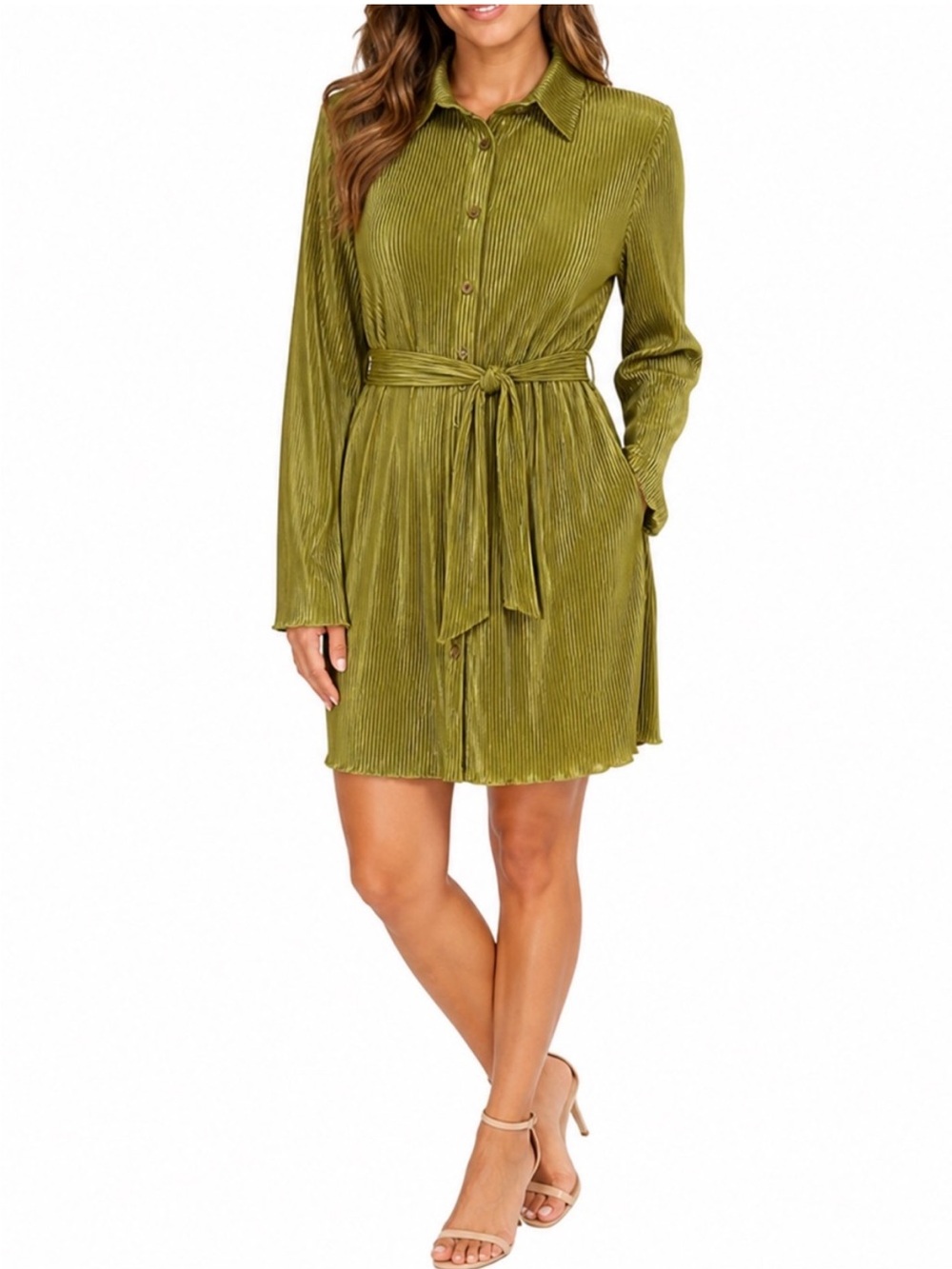 LYANER | Green Collar V Neck Button Down Pleated Long Sleeve Mini Shirt Dress L